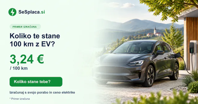 Električni avto pri polnjenju, za ugotovitev o strošku 100 km